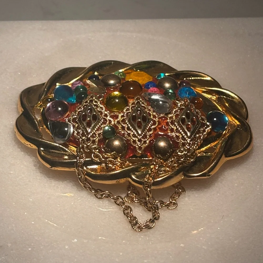 Vintage Belt Buckle Womens Multi-Color Cabochon Filigree Chain Ornate